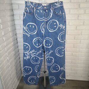 Smiley x H&M Ladies Size 10 Medium Wash w/ White Wide Straight Leg Jeans